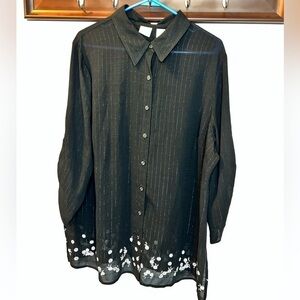 Emma James Black with White Flowers Transparent Button Down Blouse Size 20W